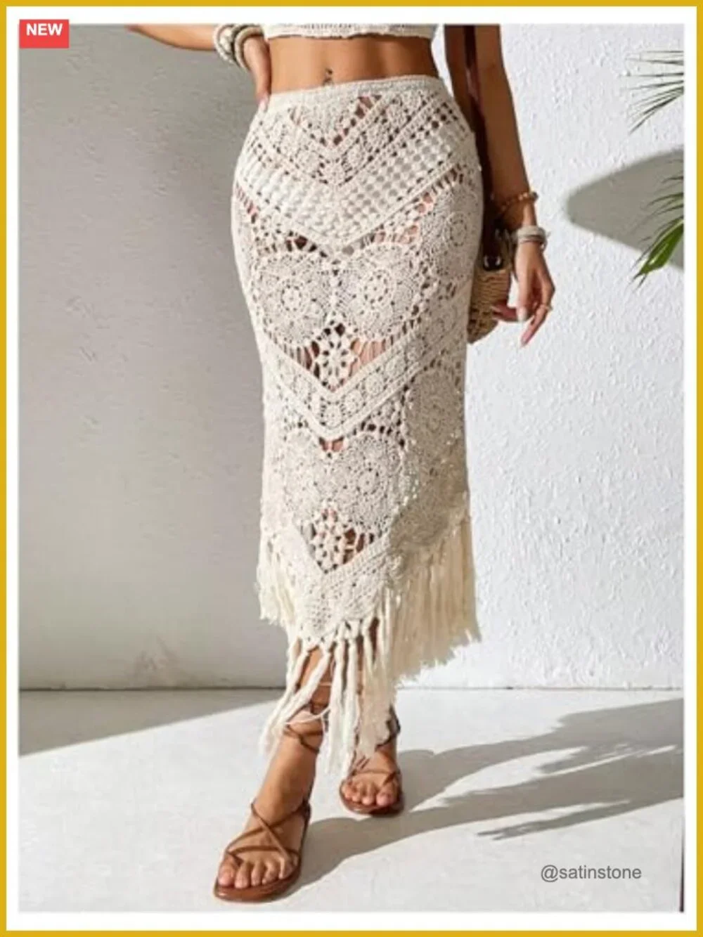Crochet Knit High Waisted Beach Cover Up with Fringe